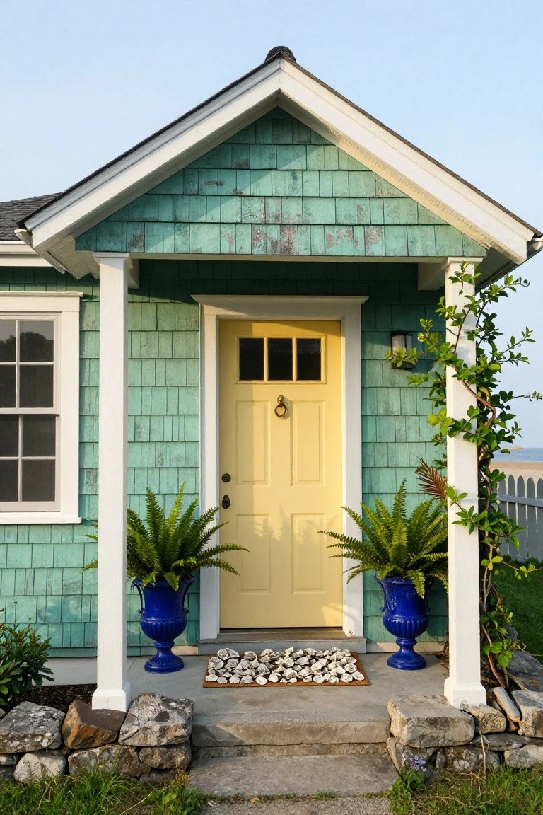 Front view of a small teal shingle-sided house with white porch columns, a yellow front door with glass panels, blue urn planters holding ferns on the porch, oyster shell doormat, and stone steps leading to a path near a beach fence.