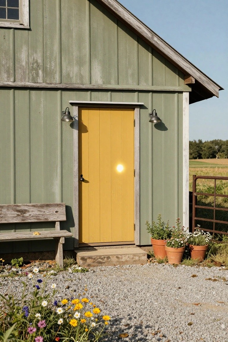 Sage green clapboard barn exterior with a yellow paneled door centered under a small overhang, flanked by black lanterns, a weathered wooden bench to the side, terracotta pots with plants, and wildflowers on gravel ground.