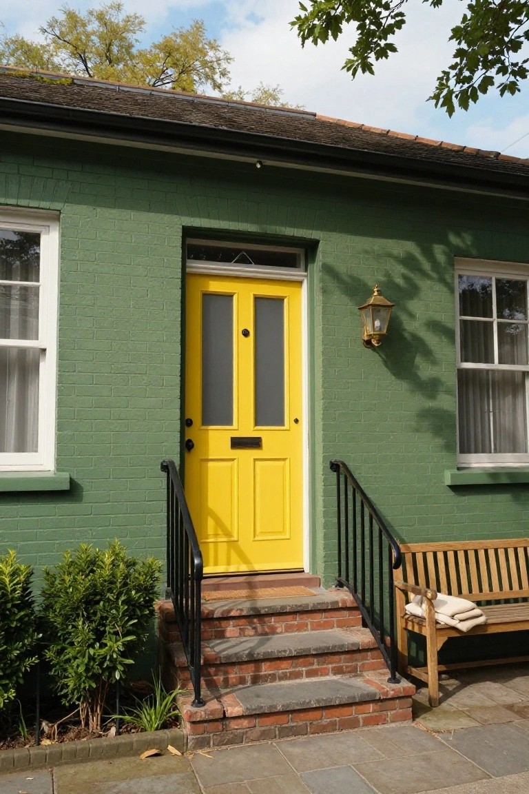 Green brick house exterior with yellow front door featuring frosted glass panels, black door knocker and letterbox, steps with black railing, brass lantern light, wooden bench with cushions, and shrubs nearby.