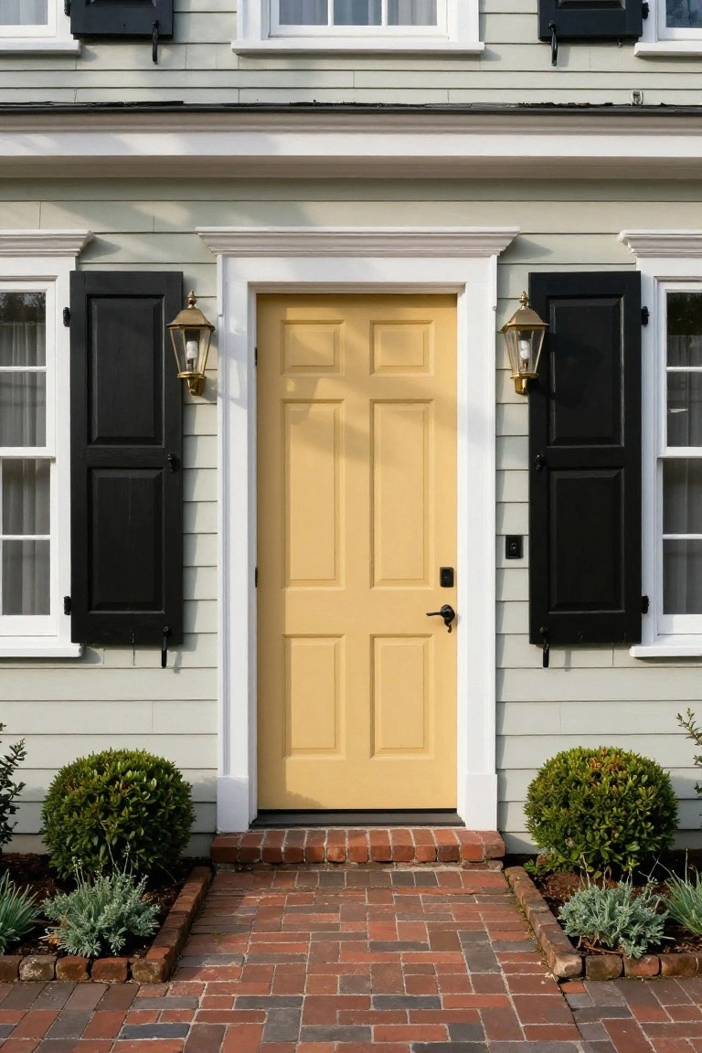 Front view of a two-story light green house with pale siding, yellow six-panel front door, black shutters on white-framed windows, brass lanterns on either side of the door, brick walkway, and low boxwood shrubs in planting beds.