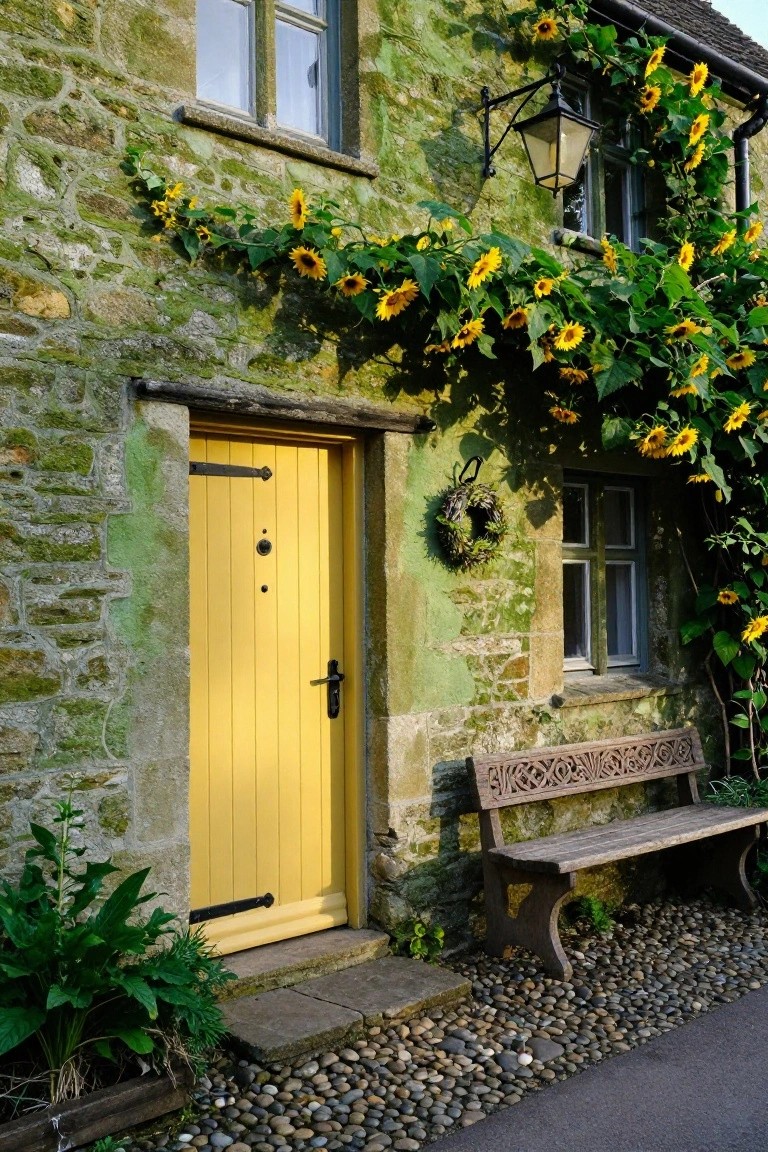 Moss-covered stone cottage exterior with bright yellow wooden front door, climbing yellow sunflowers on walls, wall lantern, carved wooden bench, potted plants, and pebble ground cover.