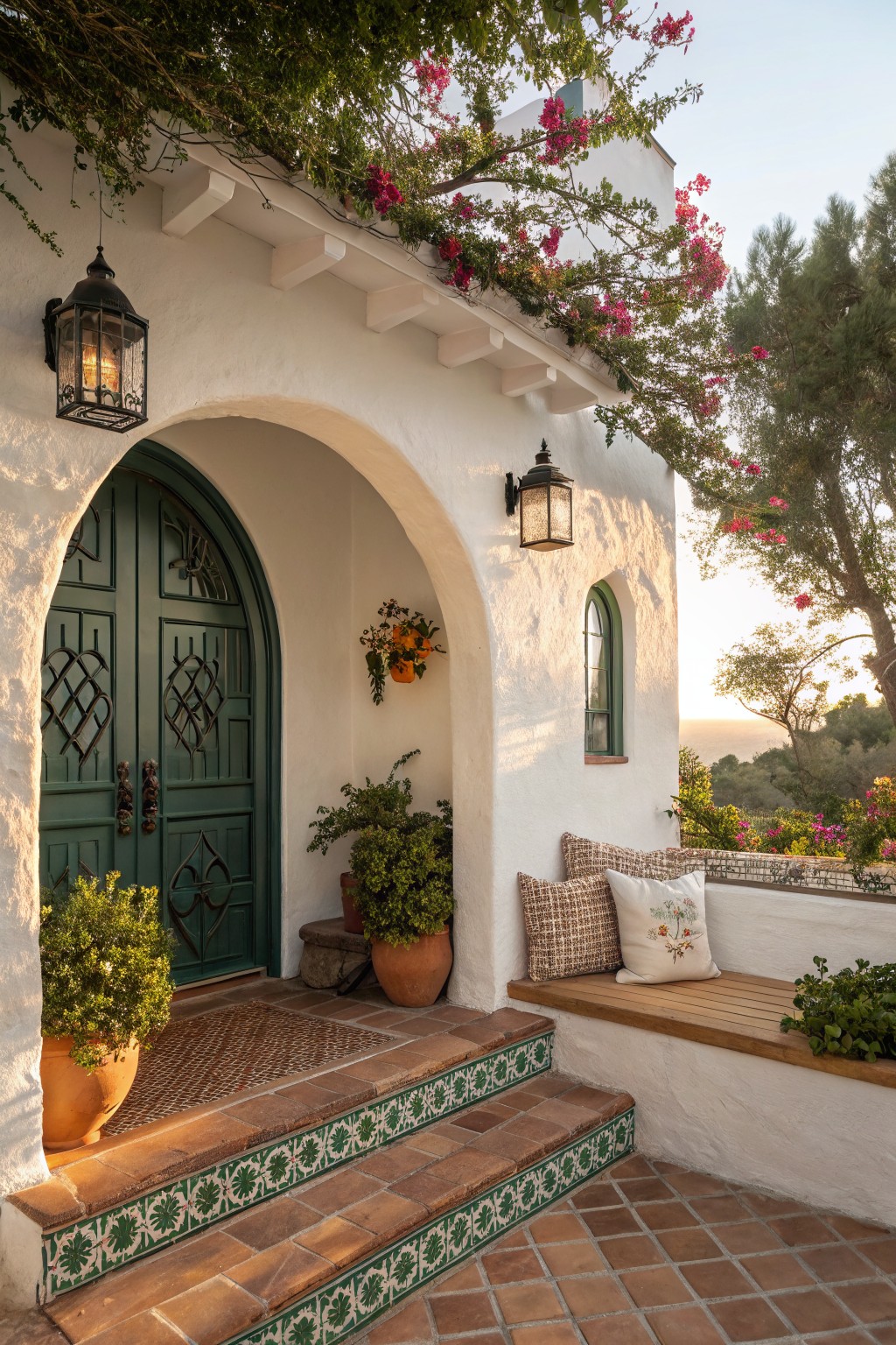 White stucco house facade with tall arched green door, wrought iron hardware, tiled terracotta steps, potted plants, wooden bench with cushions, lanterns, and bougainvillea vines overhead.