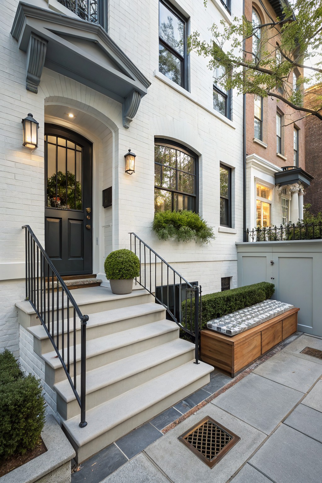 White brick townhouse exterior with black front door under arched transom, black lanterns, steps with black iron railings, potted plants, greenery, and wooden bench nearby on slate pavement.