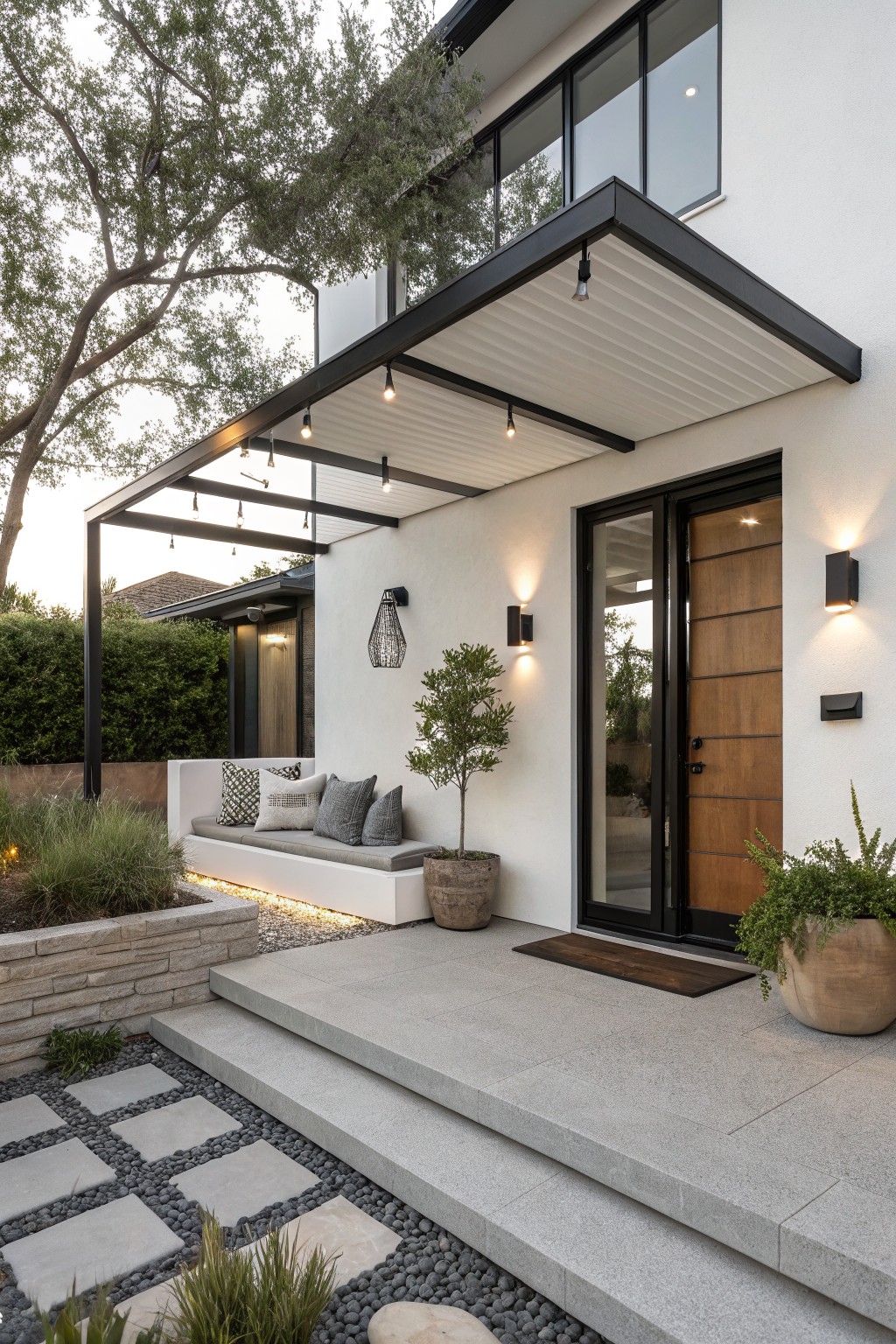 White stucco house exterior featuring a black metal framed canopy over the front porch with hanging string lights, wood entry door flanked by wall sconces, built-in bench with cushions, potted plants, stone retaining wall, and gray concrete steps with pebble accents.