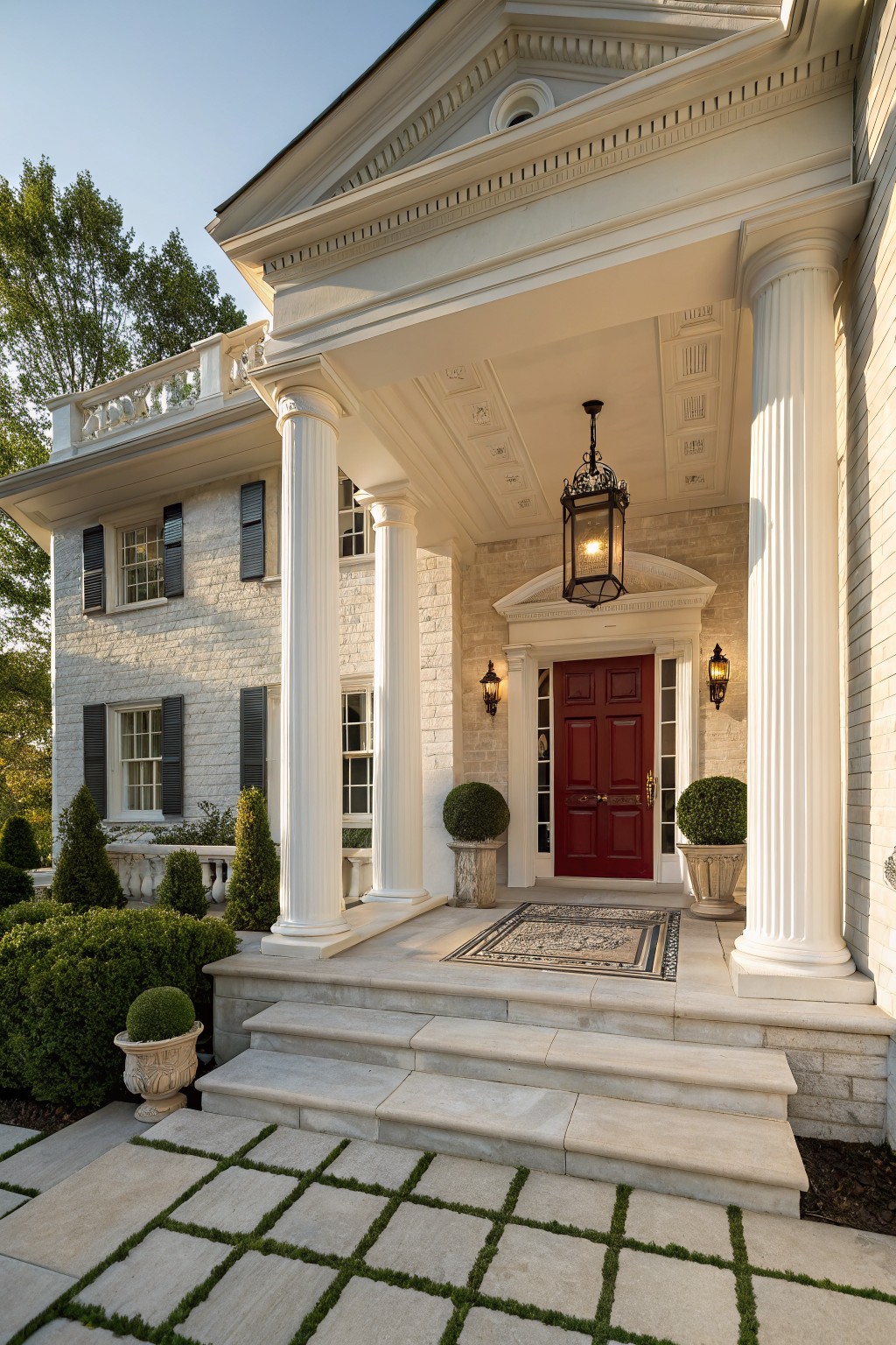White brick house exterior with classical portico supported by four tall fluted columns, red double front door, lanterns, stone steps, potted topiaries, and grass-jointed pavers in front.