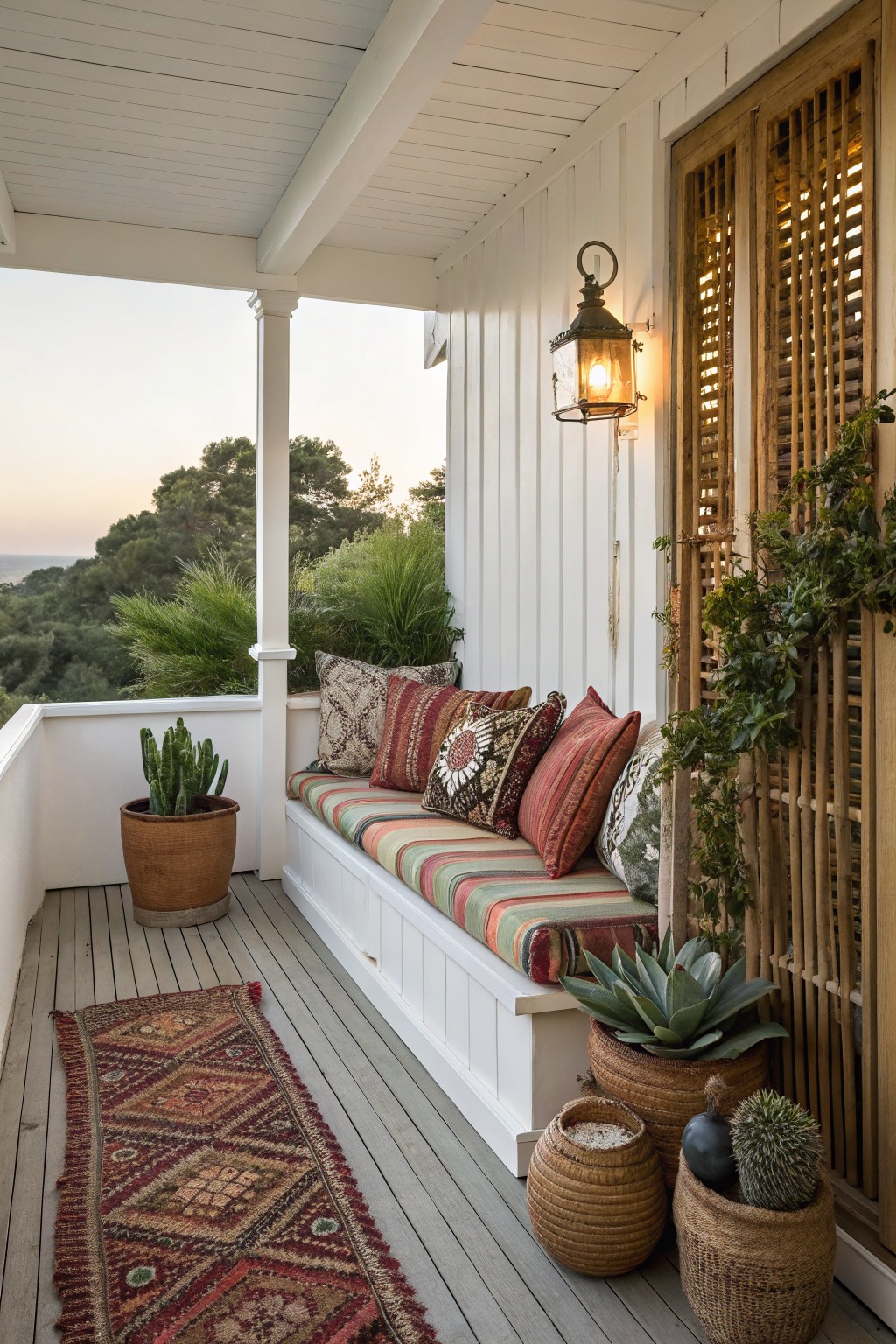 White clapboard porch with built-in cushioned bench covered in colorful striped and patterned pillows, potted cacti and agave plants, woven rug on gray decking, bamboo shutters on doors, and view of trees and ocean at dusk.