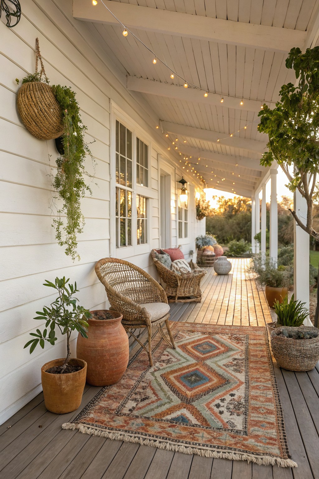 White clapboard house exterior with covered wooden porch featuring two rattan armchairs and pillows on a multicolored patterned rug, potted plants, hanging baskets, string lights overhead, and sunset light.