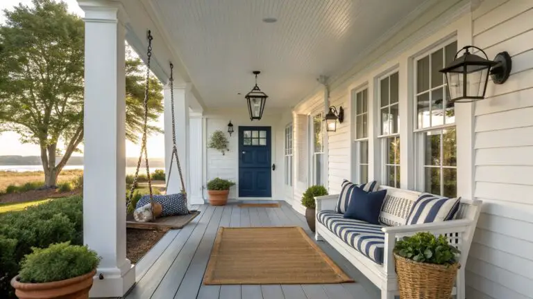 White clapboard house porch under light blue ceiling with hanging lanterns, wooden rope-suspended swing with blue and white striped cushions and pillows, seagrass rug, potted plants, columns, and background view of trees and water.