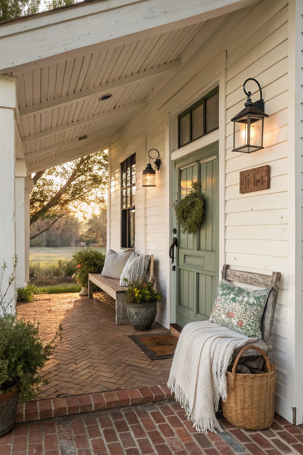 White clapboard house exterior with covered porch, green paneled front door, lanterns, wreath, wooden bench with pillows, distressed rocking chair with throw blanket and log basket, potted plants, and brick walkway leading to fields at sunset.