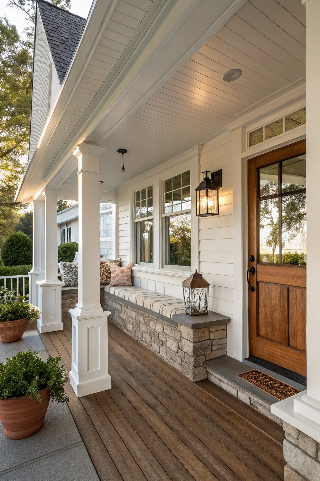 White clapboard house front porch with tall columns, wooden entry door, built-in stone bench topped with striped cushion and patterned pillows, lanterns beside the door, potted plants, and wood deck flooring.