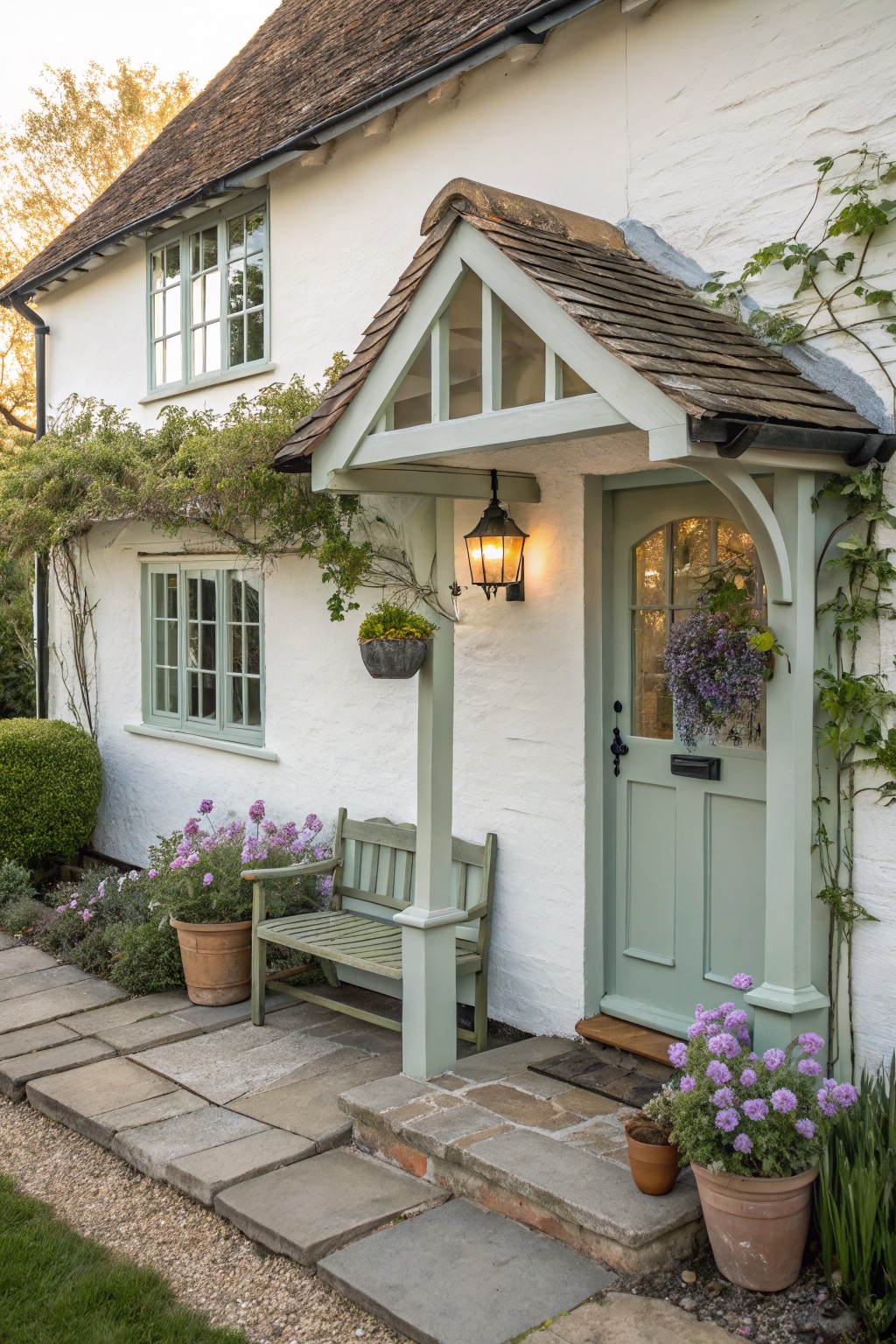White cottage house exterior with sage green arched front door under wooden gabled porch supported by posts, wooden bench against wall, hanging lantern, climbing ivy on walls and hanging plants on door, potted flowers, shrubs, and stone path with steps.
