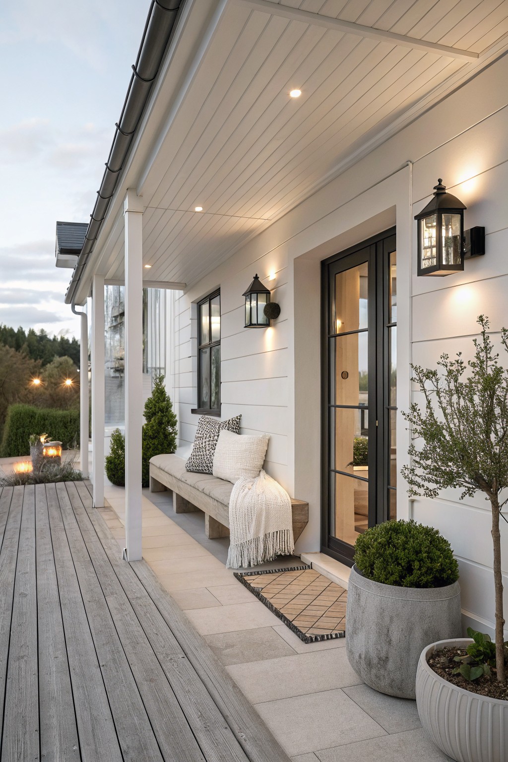 White shiplap house exterior with covered porch, wooden bench with patterned and white pillows plus gray throw blanket, potted topiary plants, black-framed glass entry door flanked by black lantern lights, wooden deck adjacent to stone pavers.