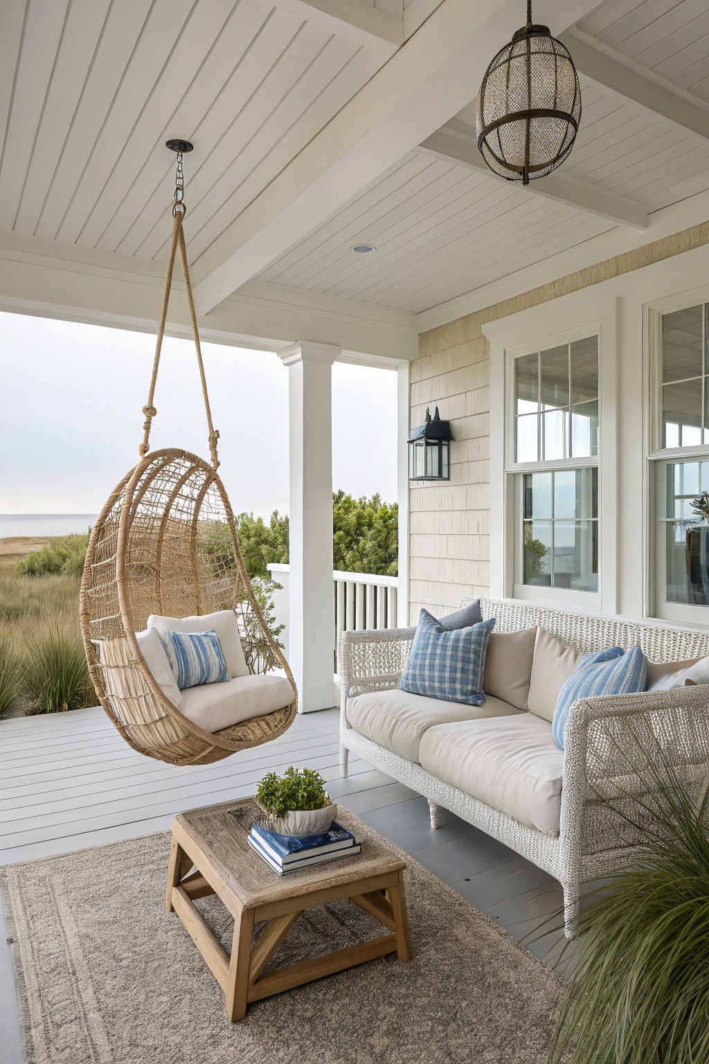 Covered porch with large rattan egg-shaped hanging swing chair containing cushions, white wicker sofa with blue and beige pillows, wooden coffee table on gray decking, potted plants, and ocean view beyond railing.
