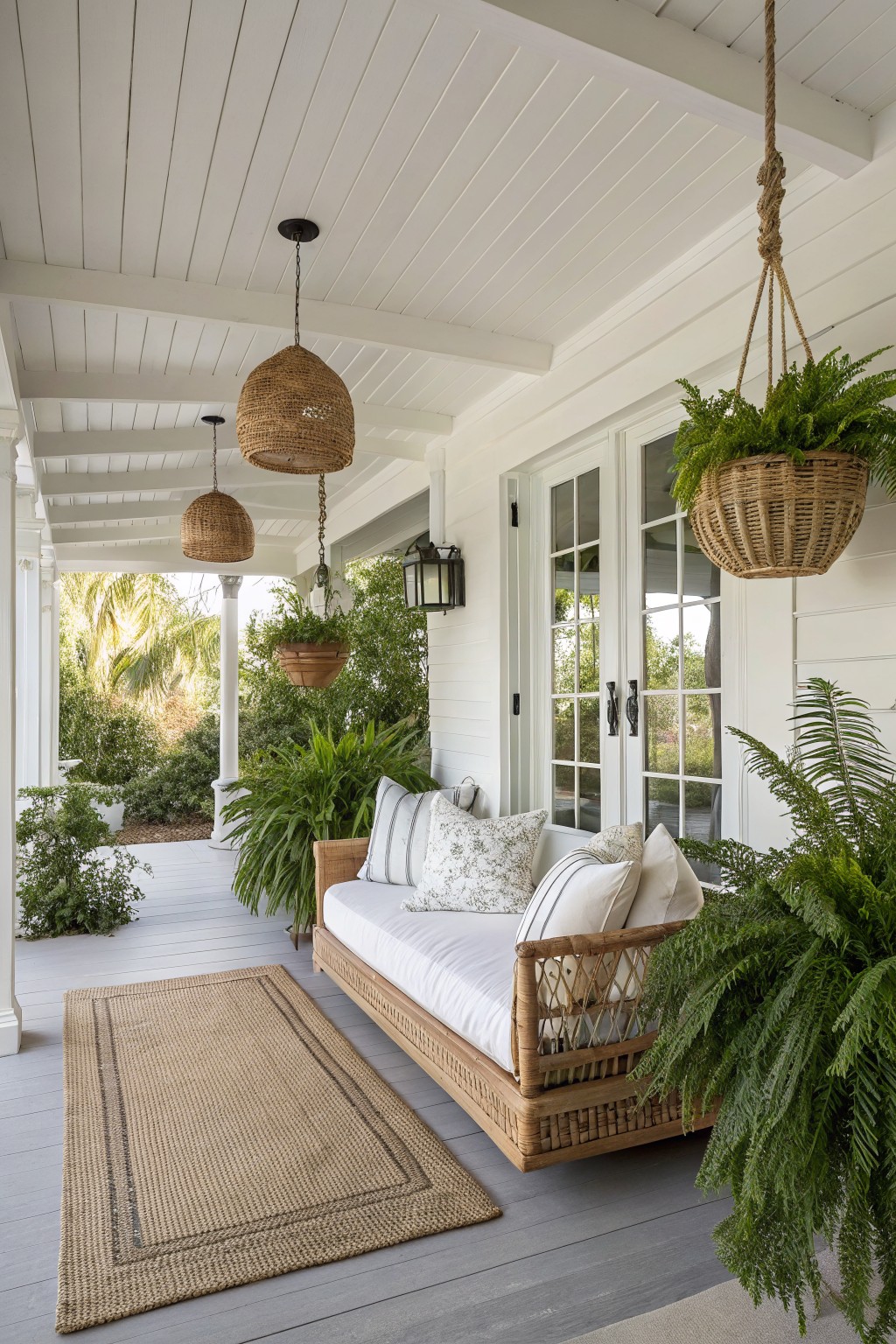 White shiplap ceiling porch with hanging woven basket lights and plants, a long rattan daybed with white cushions and pillows on gray decking under French doors, potted ferns, and a jute rug.