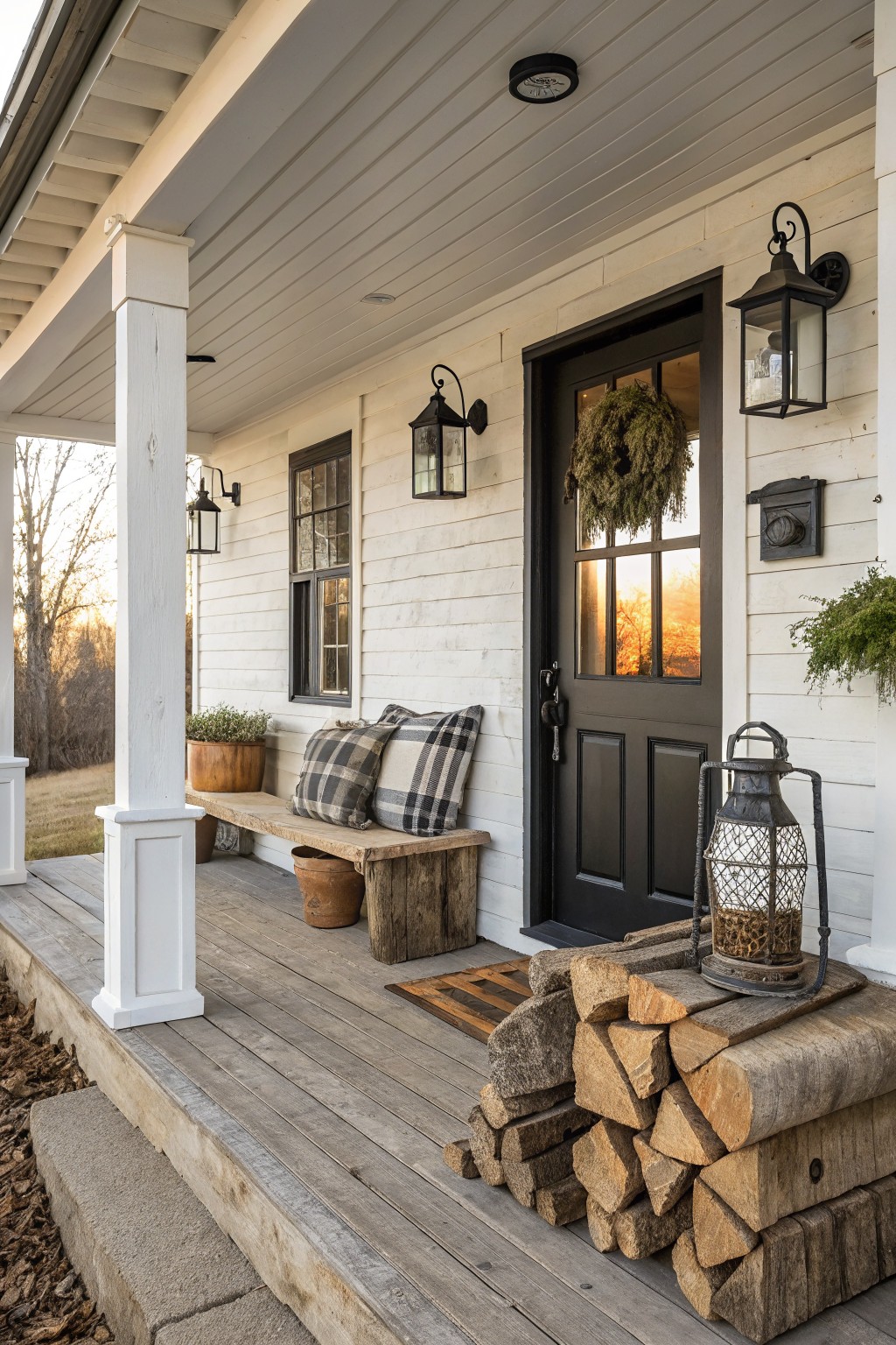 White shiplap house with covered front porch, black double door with wreath, wooden bench with black and white plaid pillows, terracotta pots, stacked firewood, metal lanterns, and wall sconces.