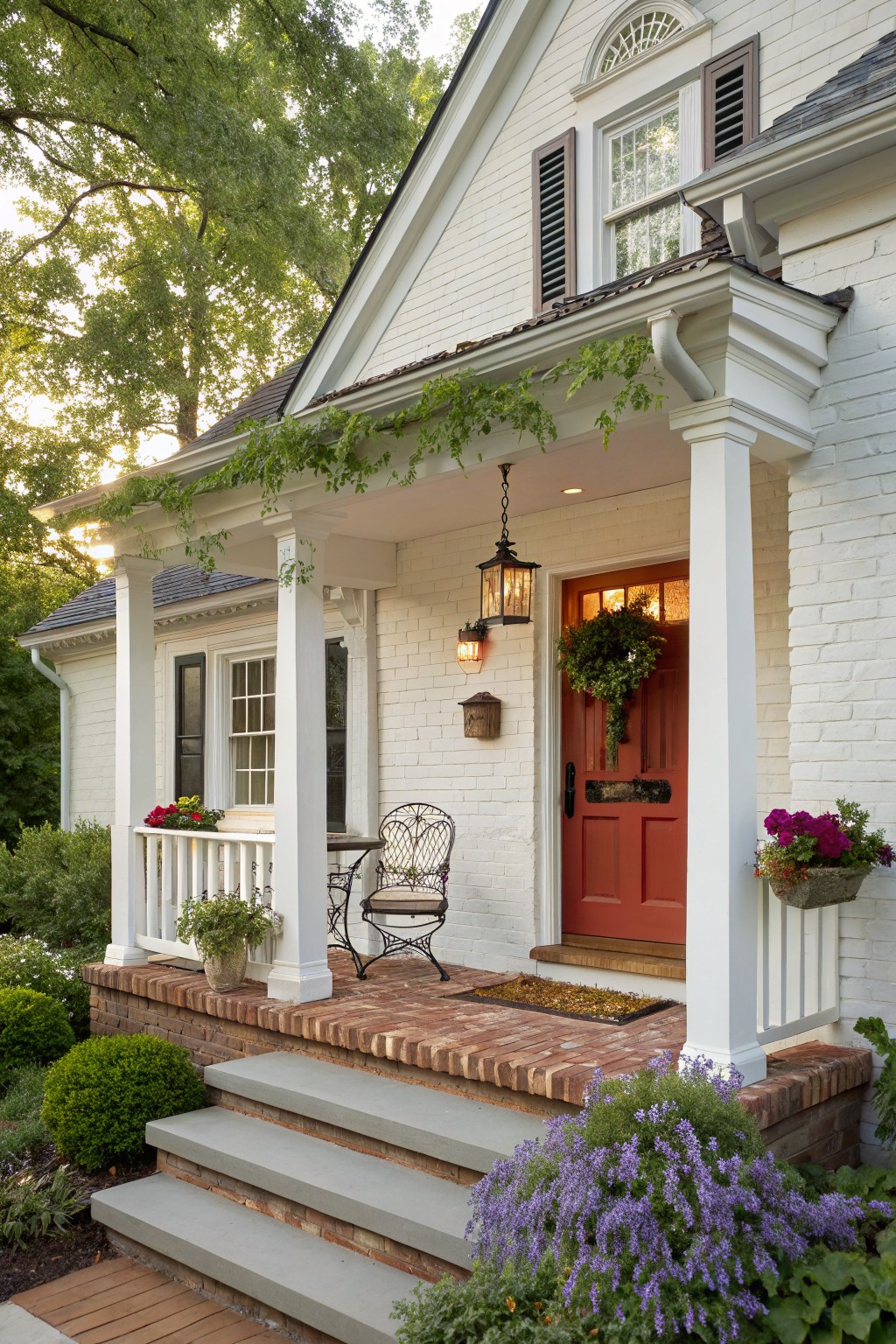 White clapboard house exterior with gabled porch, white columns, red front door with wreath, lanterns, potted plants on porch, brick landing, concrete steps, and surrounding landscaping including shrubs and flowers.