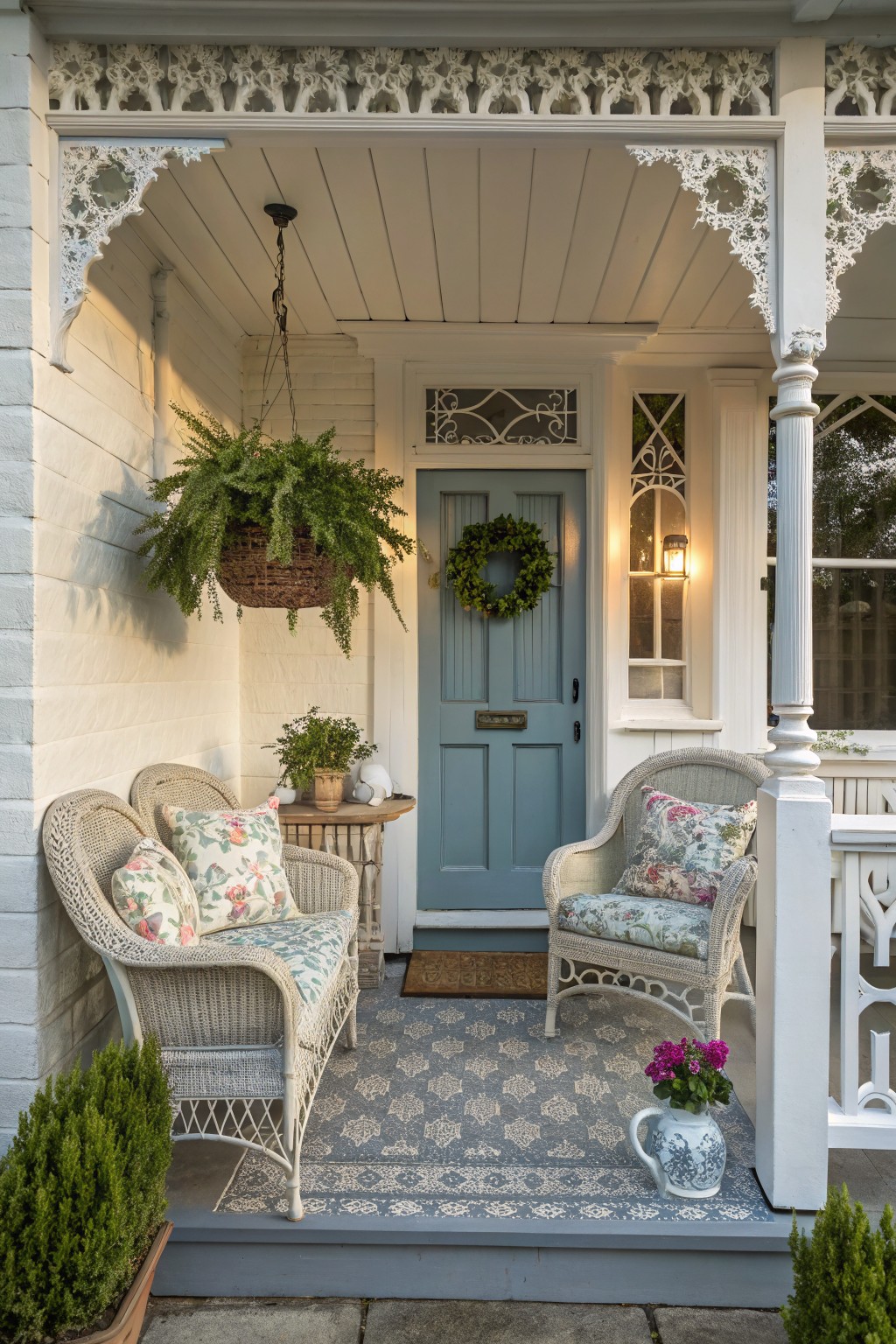 White Victorian house porch featuring a teal front door with wreath, hanging basket of ferns, two white wicker armchairs with floral cushions, potted plants, small table, gray outdoor rug, and blue jug of flowers.