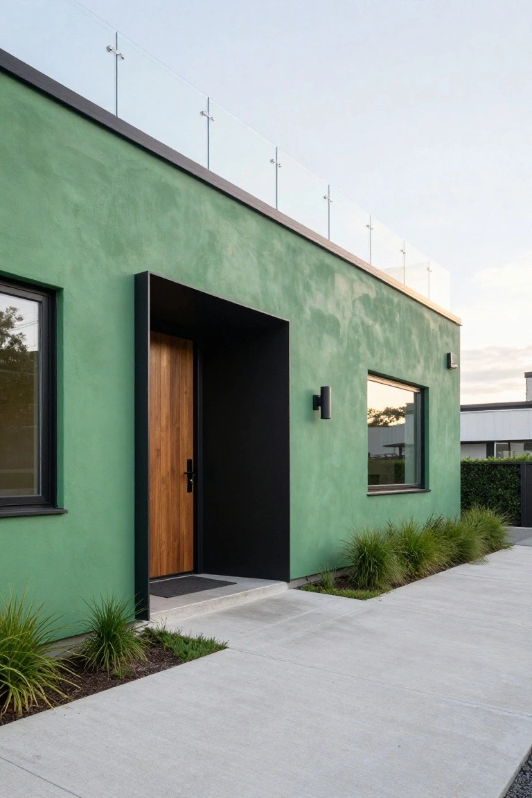 Side exterior view of a green stucco house featuring a recessed wooden door within a black metal frame, with black-framed windows and low grasses along the concrete path.