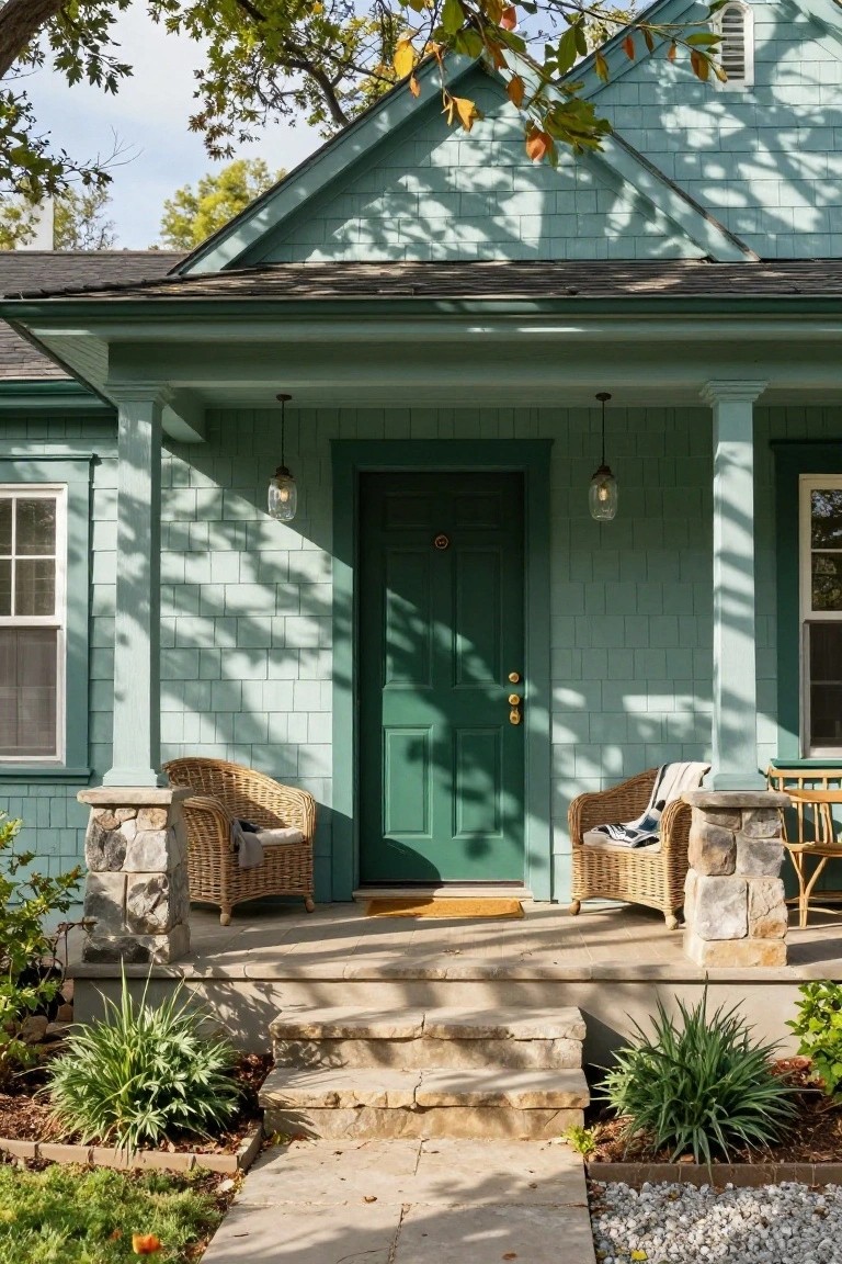 Mint green shingle siding house with deep green front door, wicker chairs and lanterns on the porch, stone pillars, steps, and front landscaping under autumn trees.