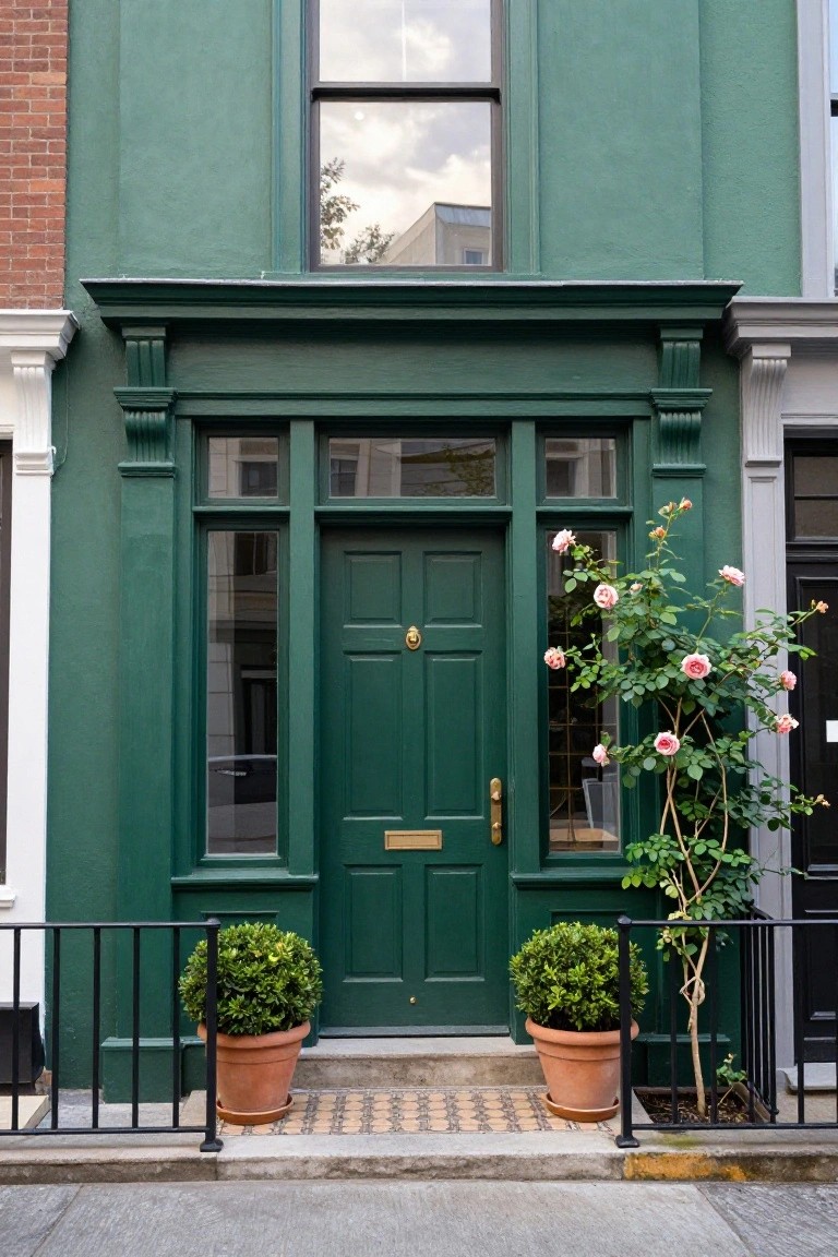 Green-painted three-story townhouse facade with dark green front door, brass knocker and handle, sidelight windows, potted boxwood shrubs in terracotta pots, pink rose bush on right, and black metal railing.