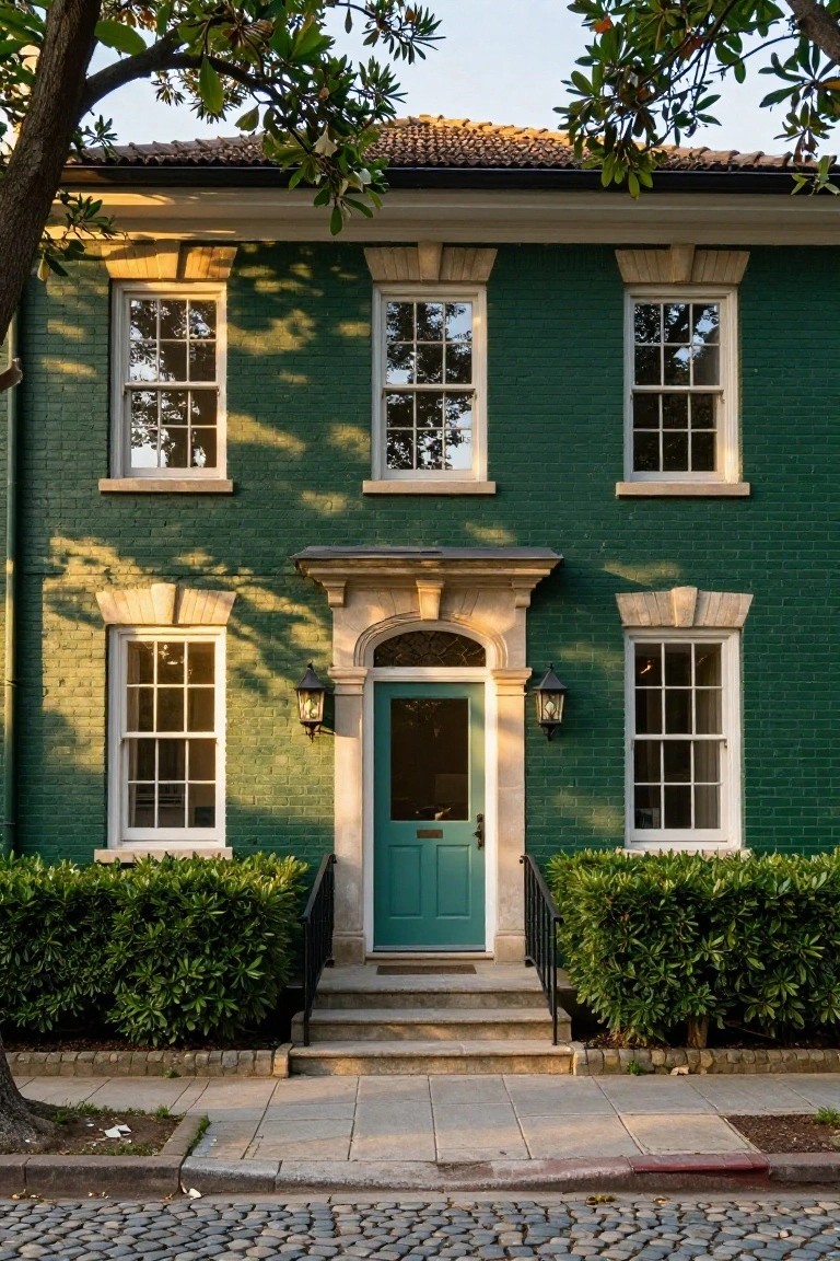 A two-story green-painted brick house with white multi-pane windows, a stone-archway teal front door flanked by lanterns, boxwood shrubs, and an overhanging live oak tree on a cobblestone street.