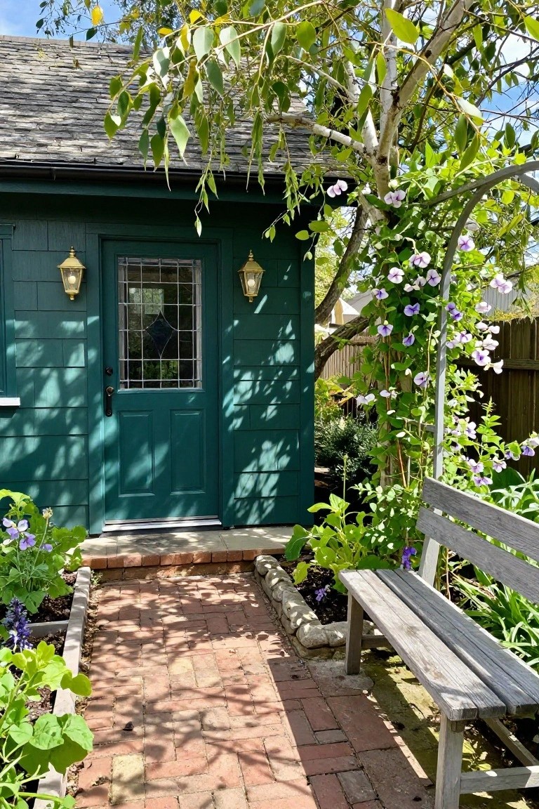 Dark green shingled shed with matching green door and leaded glass window, flanked by brass lanterns, brick path leading to entrance, wooden bench nearby, surrounded by purple flowers and plants.