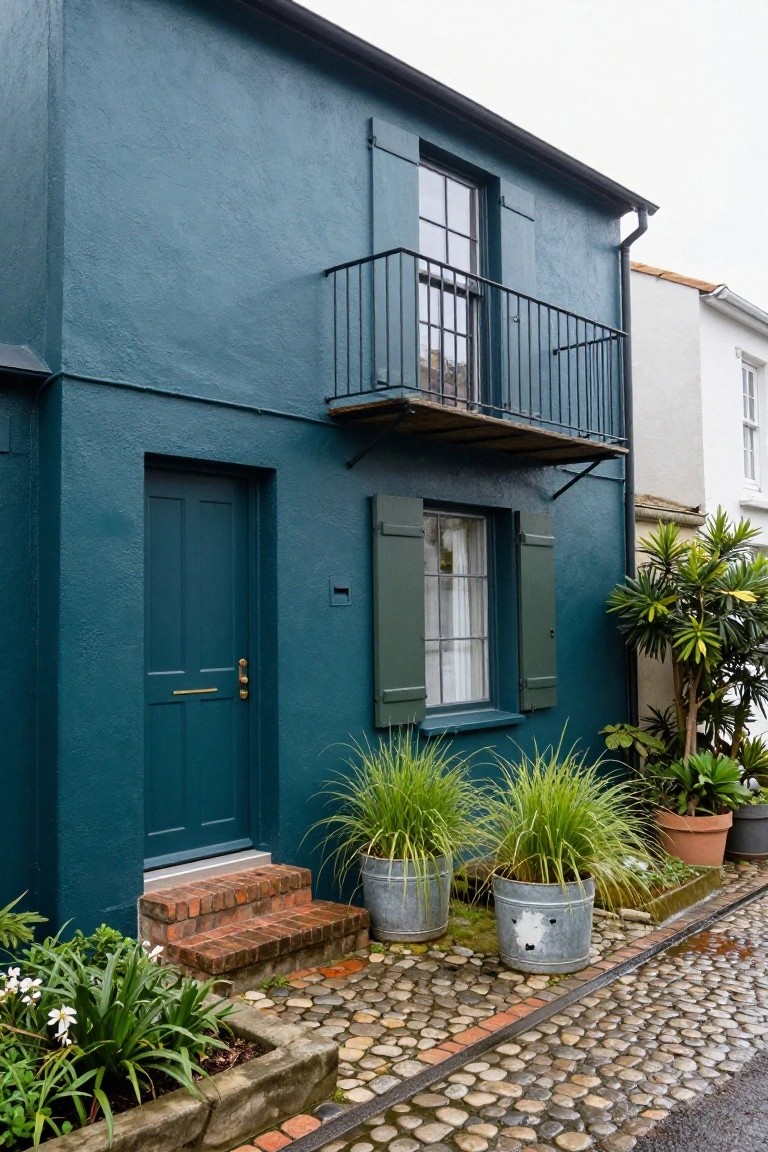 Narrow two-story house painted deep teal with matching green front door and shutters, small upper balcony, potted grasses in metal buckets by brick steps, and cobblestone path beside it.