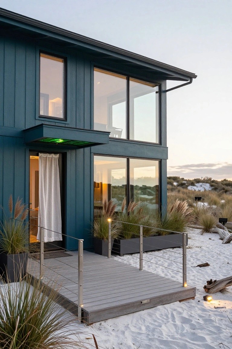 Deep teal sided modern beach house exterior with large glass windows, curtained blue entry door under a lit awning, elevated gray wood deck with metal cable railings, potted grasses, and sandy dunes at dusk.