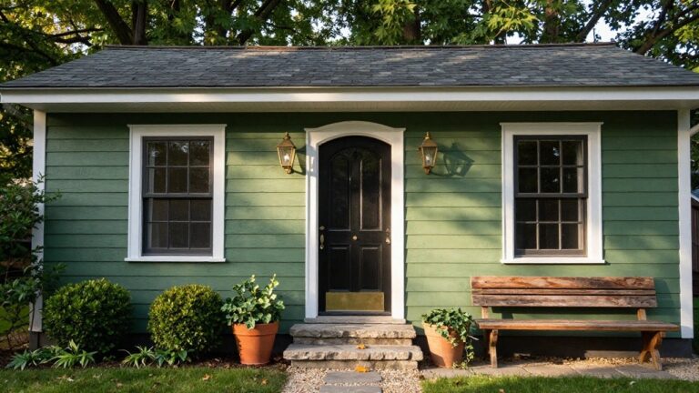 Green shingled house exterior with white trim, black arched front door, brass lanterns on walls, two large terracotta pots with topiary plants, wooden bench, stone steps, and slate walkway amid gravel and grass.