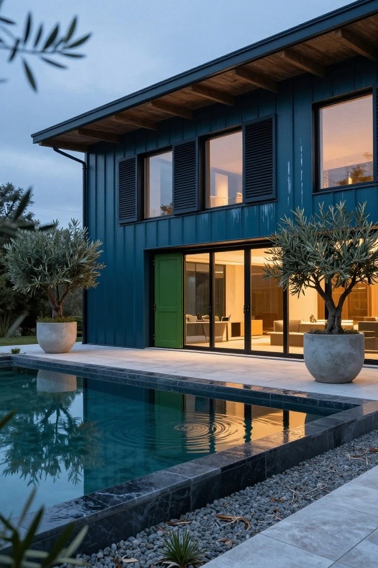 Side view of a modern dark blue corrugated metal house with wooden roof overhang, large green sliding door partially open to lit interior, potted olive trees on a stone pool deck beside a rectangular pool with black edging at dusk.