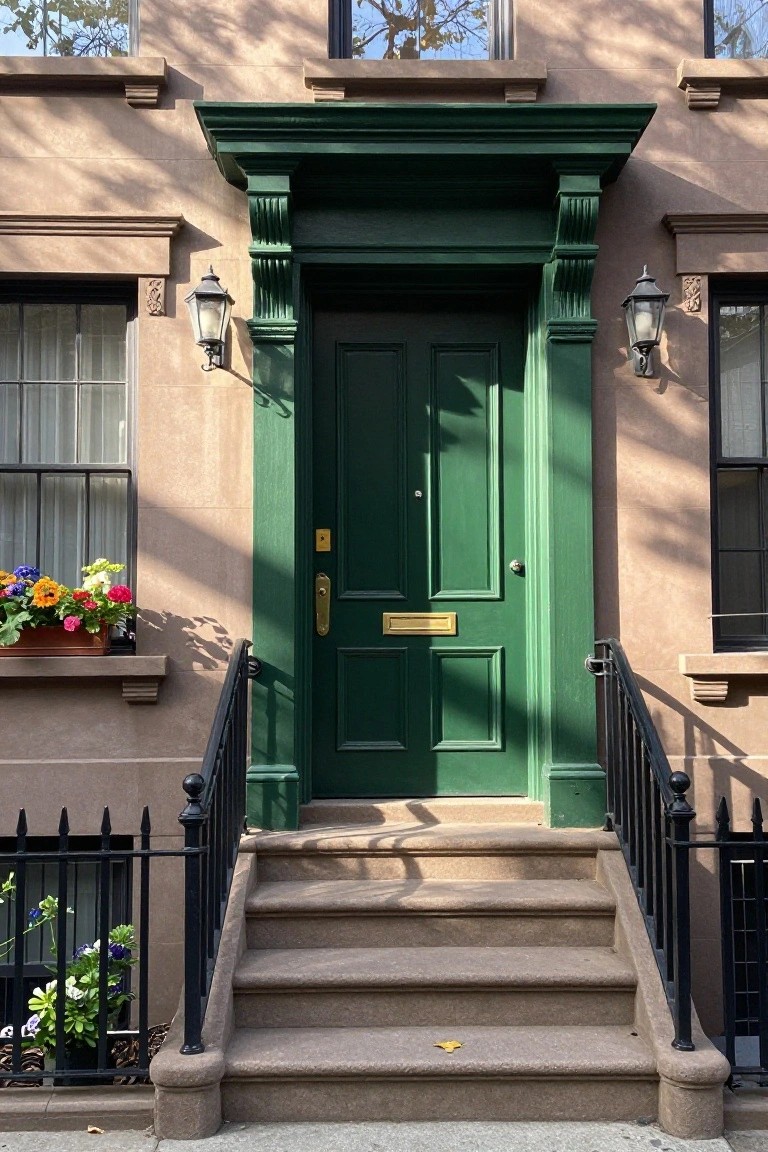 Brownstone facade with dark green double front door, brass knocker and letterbox, green-painted trim and columns, lanterns, flower boxes, black iron railing, and stone steps.