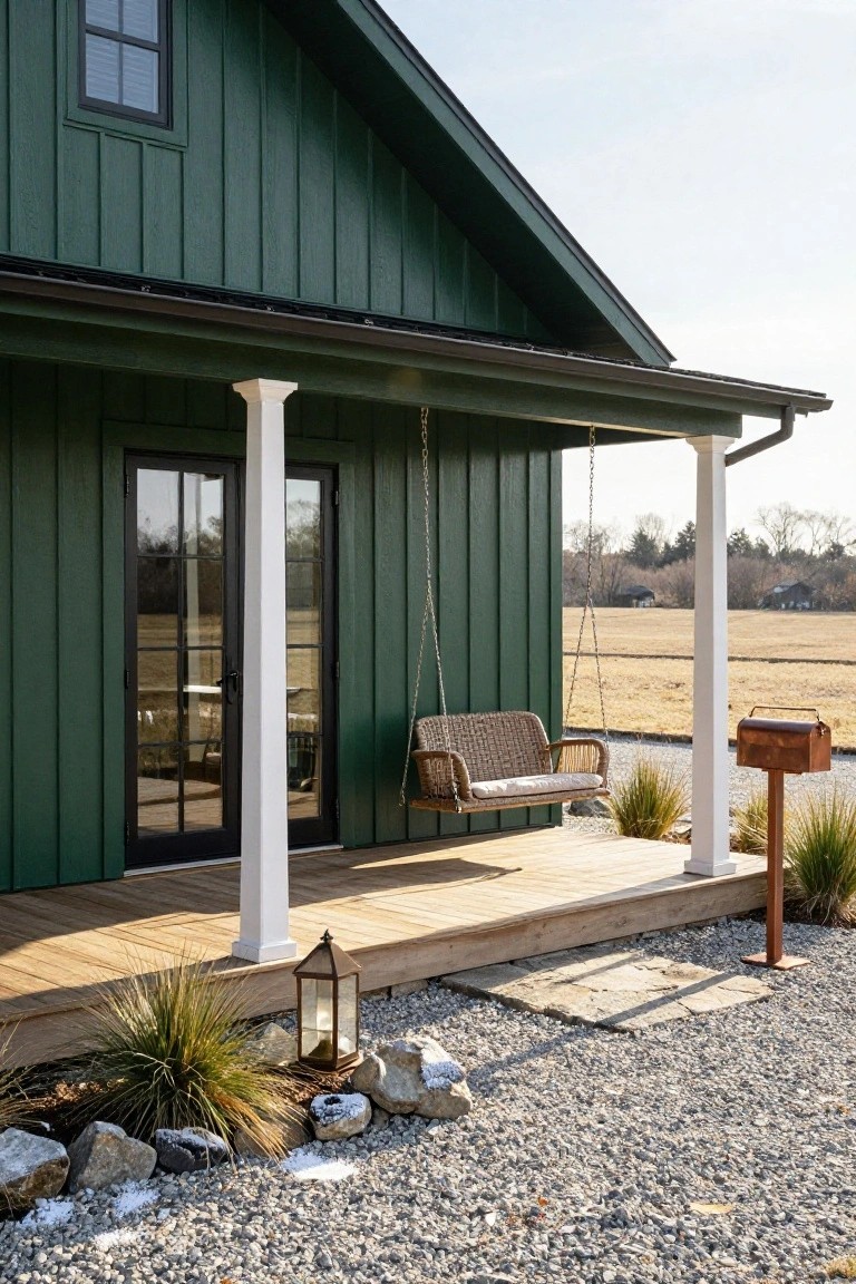 Angle view of dark green board-and-batten siding on a house exterior, with a wooden porch featuring white columns, hanging wicker swing, double glass doors, lantern light, gravel yard with rocks and grasses, and a metal mailbox.