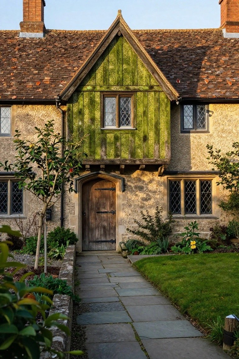 Stone cottage exterior with green-painted vertical timber framing on a protruding gable, arched wooden door, leaded windows, brick chimneys, tiled roof, and flagstone path with plants.
