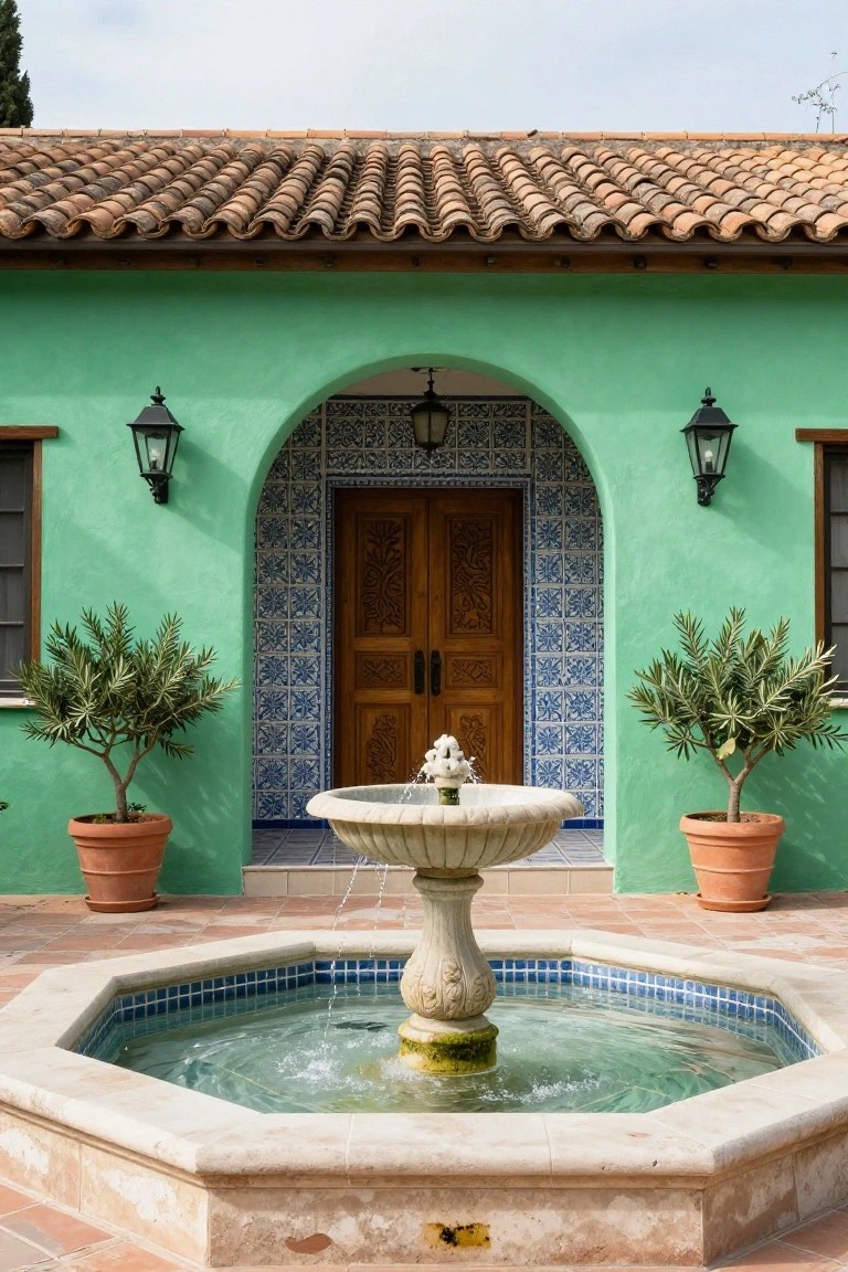 Emerald green stucco house exterior featuring a blue-tiled arched entryway with double wooden doors, wall lanterns, potted olive trees, and an octagonal stone fountain on terracotta paving.