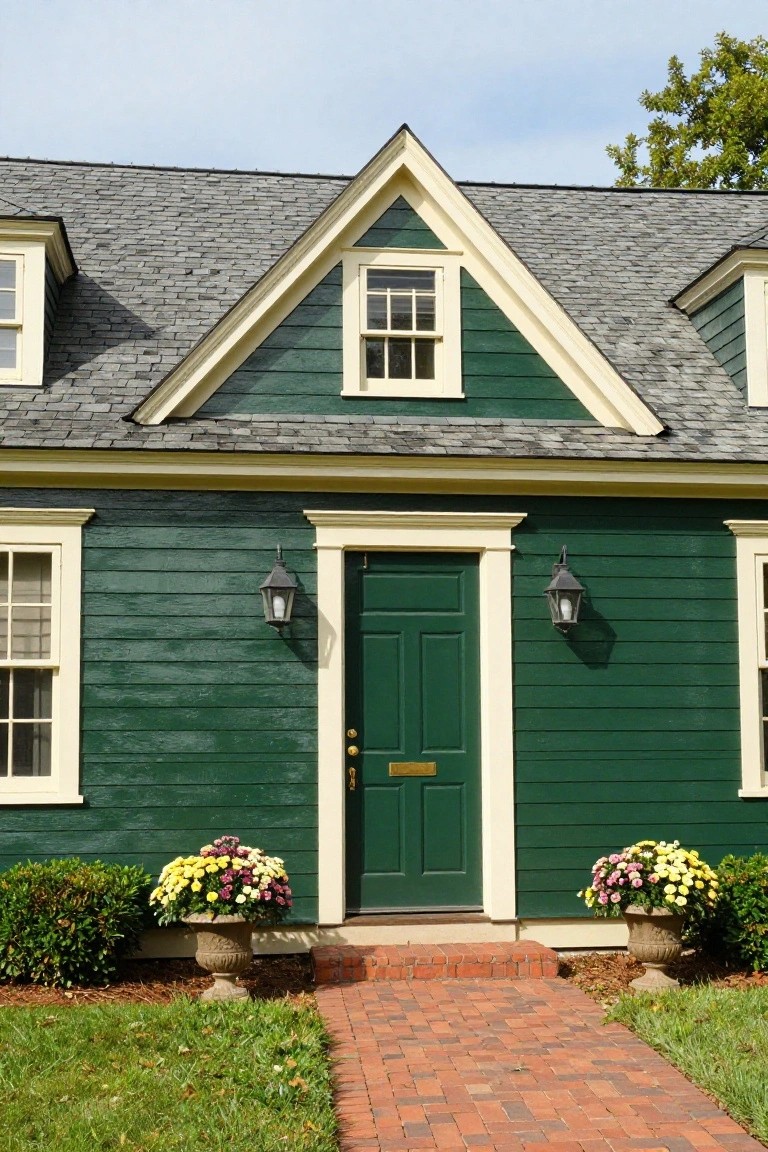 Front view of a two-story dark green shingle house with white trim, gabled roof, paired lanterns beside a green front door, urns with yellow and pink flowers, brick pathway, and lawn.