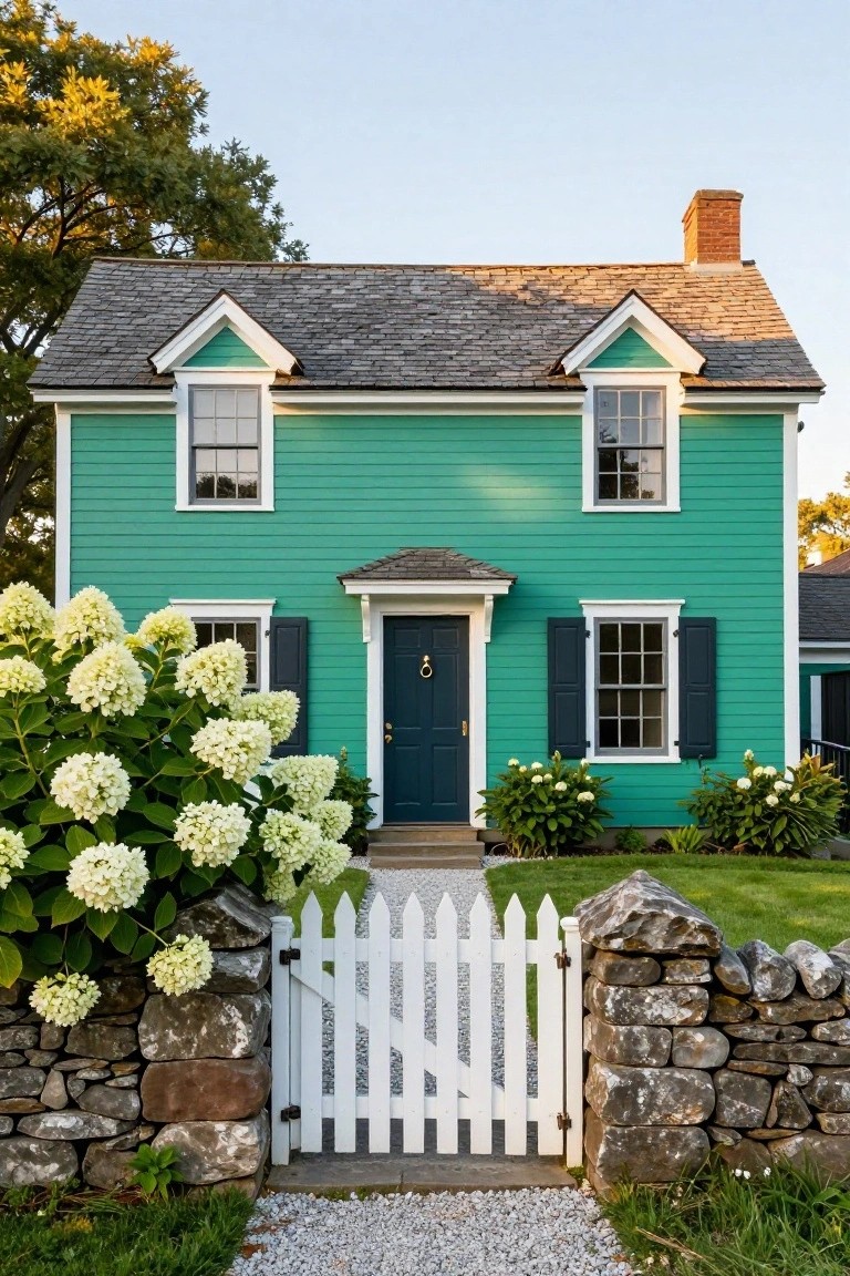 A two-story teal green clapboard house with white trim, dark shutters and front door, slate roof, flanked by large white hydrangea bushes, a white picket gate, and stone wall.