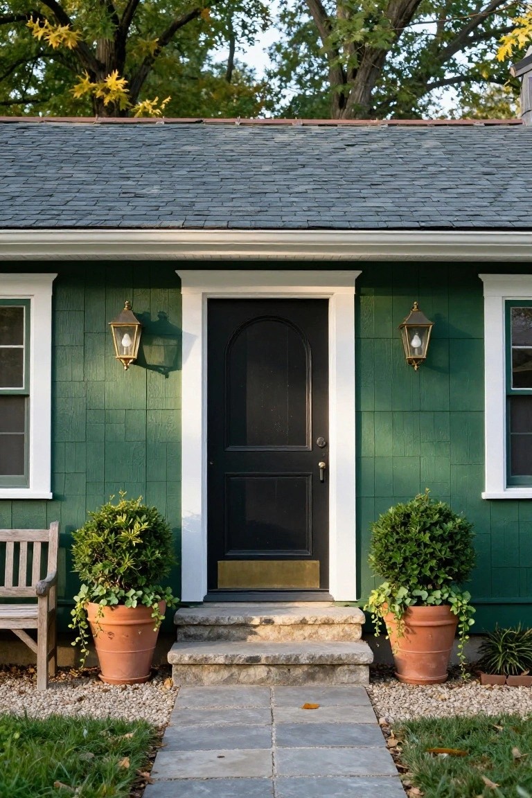 Green shingled house exterior with white trim, black arched front door, brass lanterns on walls, two large terracotta pots with topiary plants, wooden bench, stone steps, and slate walkway amid gravel and grass.