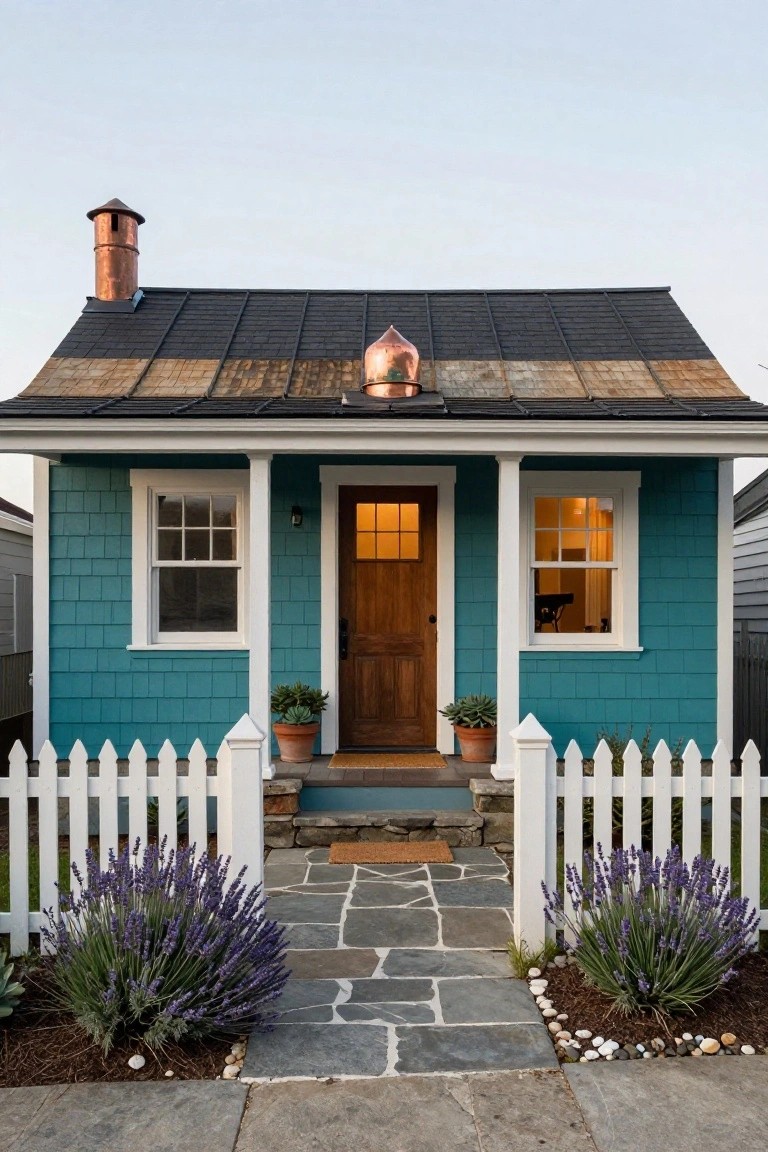Teal shingle-sided cottage with white porch, wooden front door, white picket fence, stone walkway lined with lavender plants and pebbles, potted succulents by the entry, and copper chimney cap on a dark shingled roof.