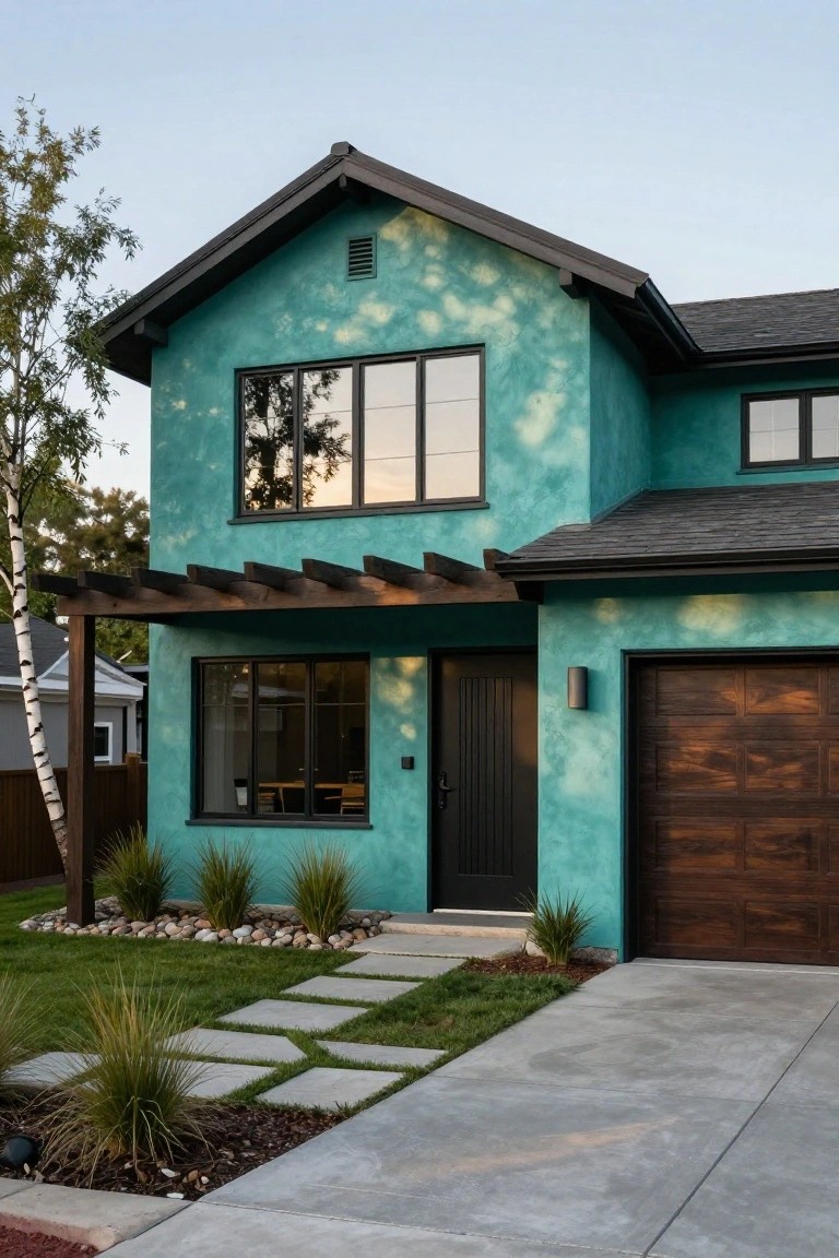 A modern two-story house with teal stucco exterior walls, dark shingled roof, black-framed windows, dark wood garage door, pergola over the entry, and a concrete path in the front yard.
