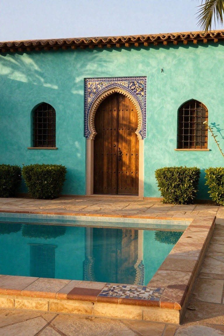 Teal stucco house exterior featuring a wooden arched door framed by blue and multicolored tilework, small bushes on either side, and a rectangular pool in the foreground with tiled edging.