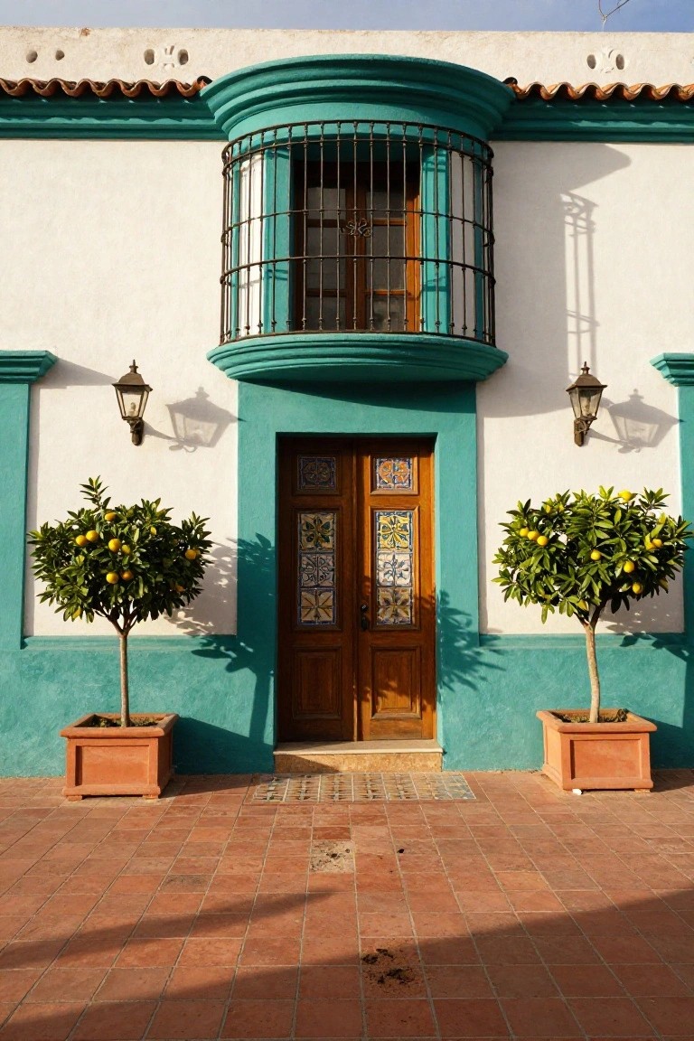 White stucco house facade with curved teal green balcony railing above a wooden entry door featuring colorful tile panels, flanked by potted lemon trees in terracotta pots, wall lanterns on either side, and terracotta tile patio in sunlight.