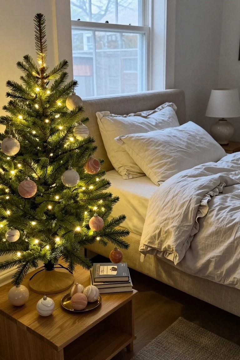 Small lit Christmas tree decorated with white and pink marbled glass ornaments stands beside a bed with white linen sheets and pillows, next to a wooden nightstand with books and additional ornaments in a bedroom with a window.