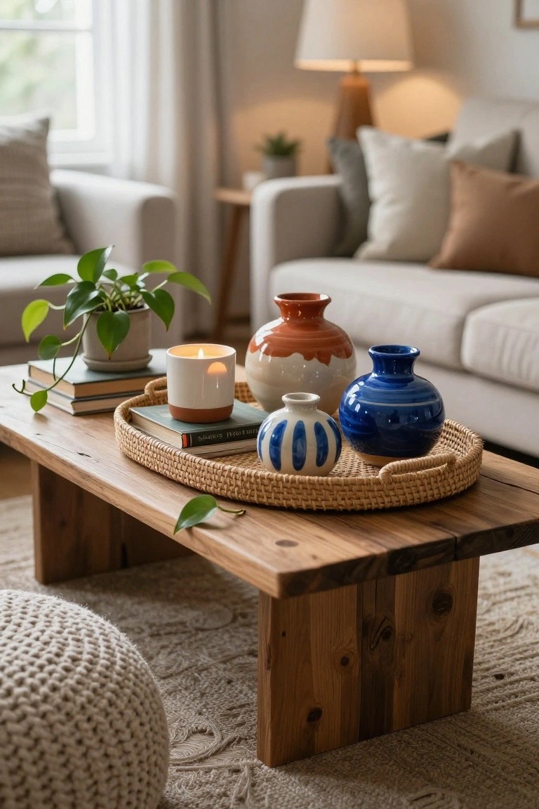 Wooden coffee table holding a round rattan tray with assorted ceramic vases in blue, white, terracotta, a lit white candle, and stacked books, surrounded by potted plants and near beige sofas in a light-filled living room.