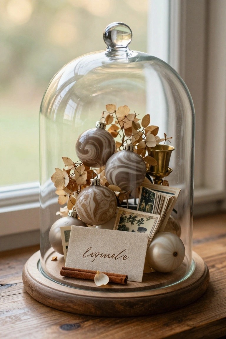 Glass cloche on a round wooden base containing beige marbled Christmas ornaments, dried hydrangea leaves and flowers, vintage photographs and postcards, a small brass bell, pearl onions, and cinnamon sticks on a wooden surface next to a window.