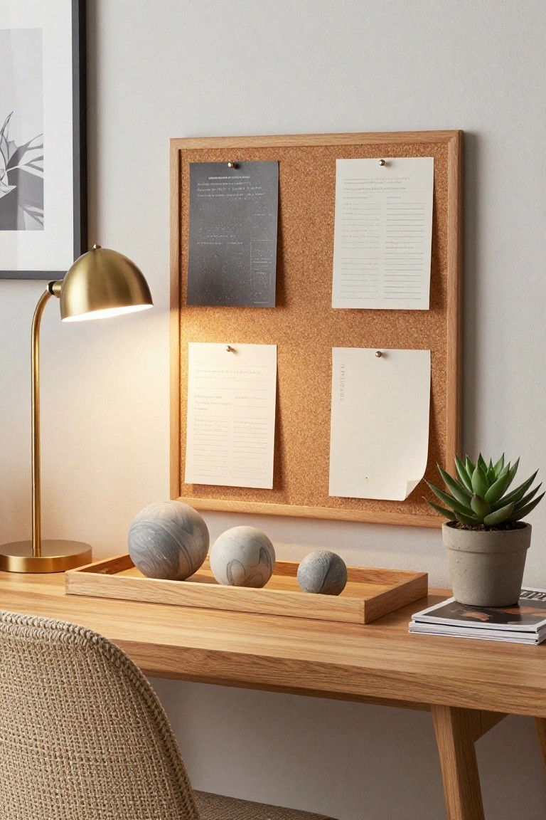 Wooden desk with rattan chair, gold desk lamp, corkboard on wall with pinned papers, succulent in gray pot, stack of magazines, and wooden tray holding several gray marbled spheres.
