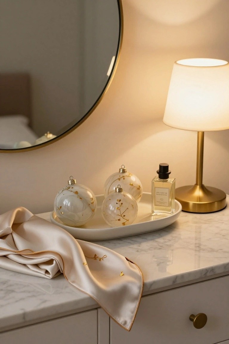White marbled Christmas ornaments arranged in a white ceramic tray on a marble-topped dresser, beside a gold table lamp, perfume bottle, and draped silk scarf, reflected in a round mirror.