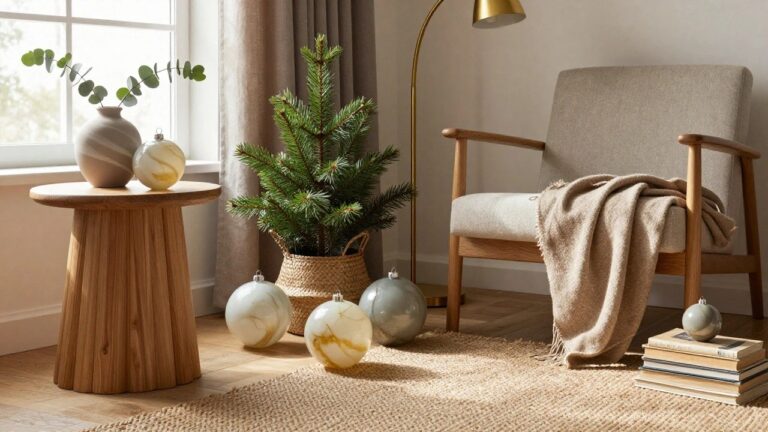 Cozy indoor corner with beige armchair draped in gray throw, wooden side table with white vase of eucalyptus and pine branches, stack of books, woven basket of white and gray marbled glass Christmas ornaments, gold arc floor lamp, neutral walls and rug.