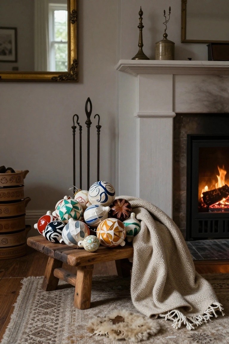 Colorful marbled fabric Christmas ornaments piled on a wooden stool in front of a lit fireplace, draped with a beige knit throw, in a room with white mantel, brass candlesticks, and terracotta pots.