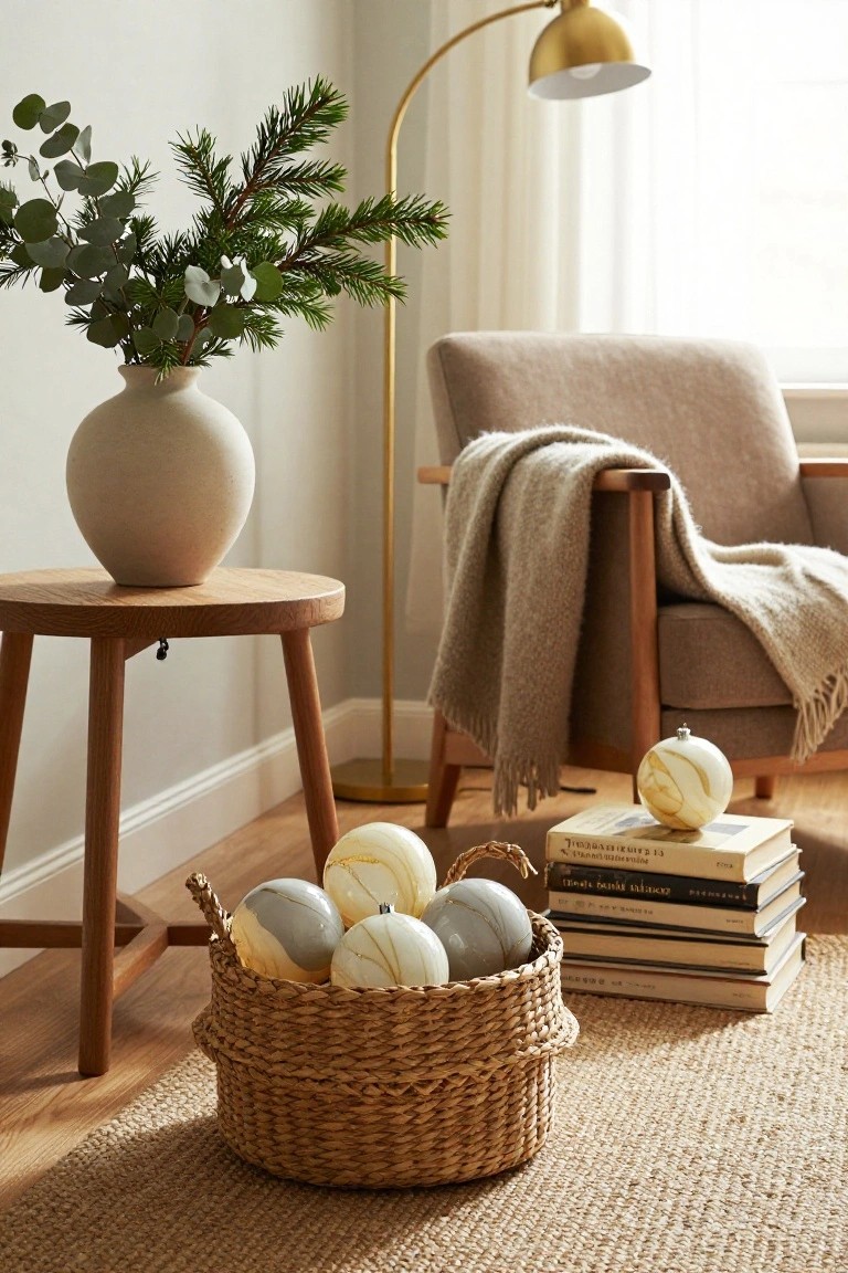 Cozy indoor corner with beige armchair draped in gray throw, wooden side table with white vase of eucalyptus and pine branches, stack of books, woven basket of white and gray marbled glass Christmas ornaments, gold arc floor lamp, neutral walls and rug.