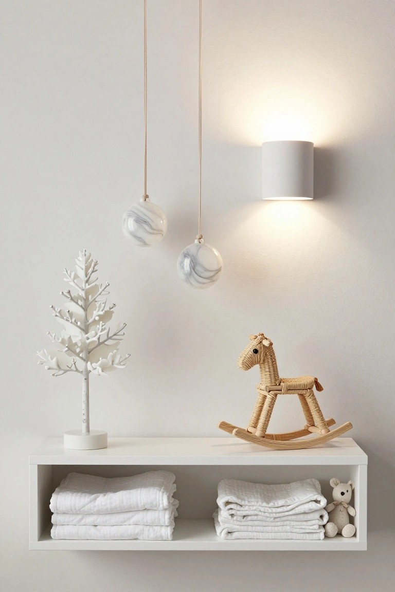 White floating shelf on a light wall holds folded white linens and teddy bear in a nursery, with rattan rocking horse and white branch tree on top, marbled glass ornaments hanging from ceiling cords, and cylindrical white wall light mounted nearby.